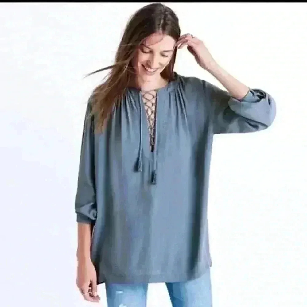 Madewell Women's Dusty Blue Lace Up Peasant Blouse Size XS
